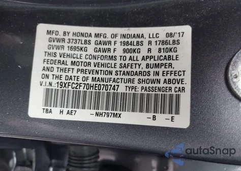 2017 Honda Civic Ex z USA, uszkodzony, nr VIN 19XFC2F70HE070747